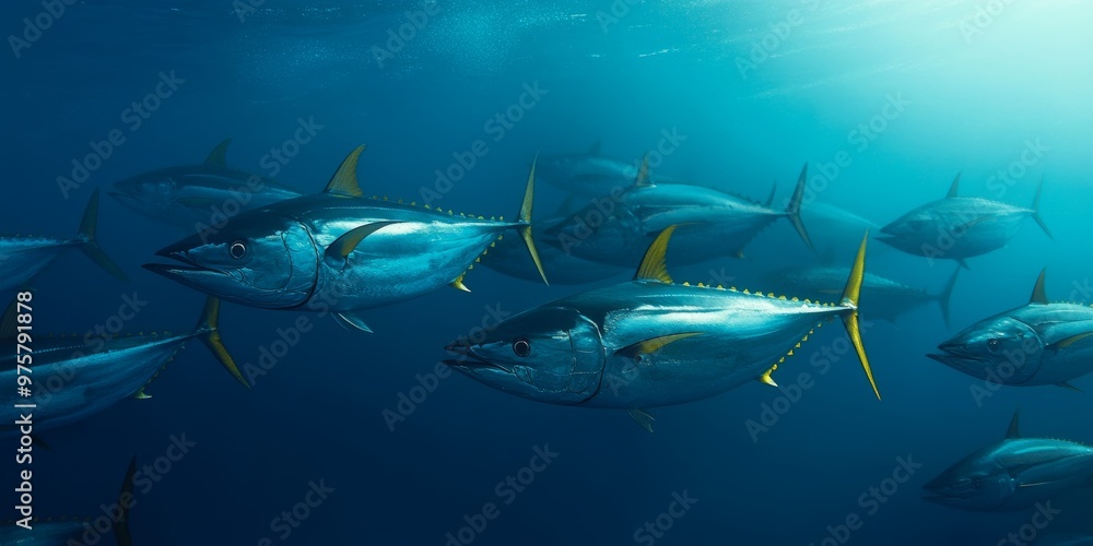 Fototapeta premium Shoal of Yellowfin Tuna Swimming Gracefully Underwater in Blue Ocean Depths