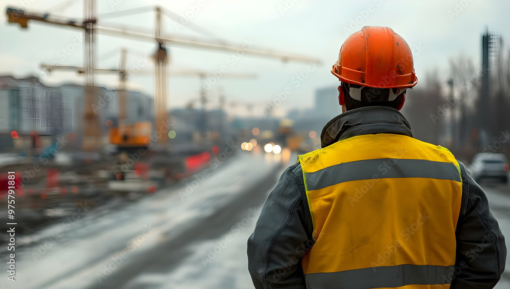 Construction worker wearing a hard hat and safety vest, overseeing a large urban construction site with cranes and roadwork. Construction worker wearing a hard hat and safety vest, overseeing a large urban construction site with cranes and roadwork.