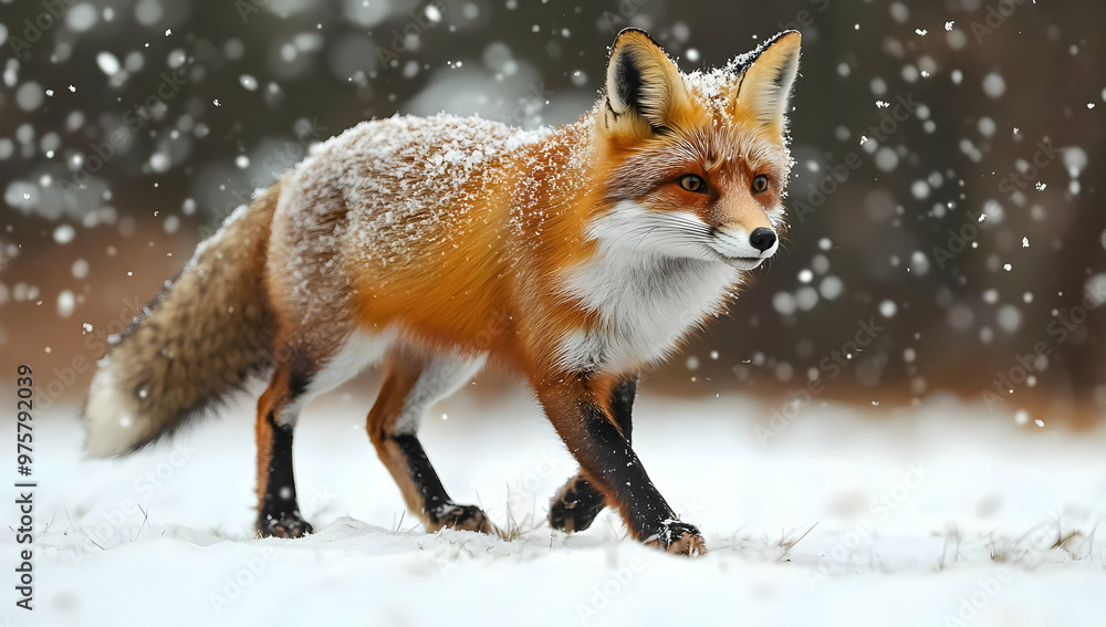 Fototapeta premium A majestic red fox walking gracefully through a snowy landscape, surrounded by falling snowflakes, showcasing nature's beauty.