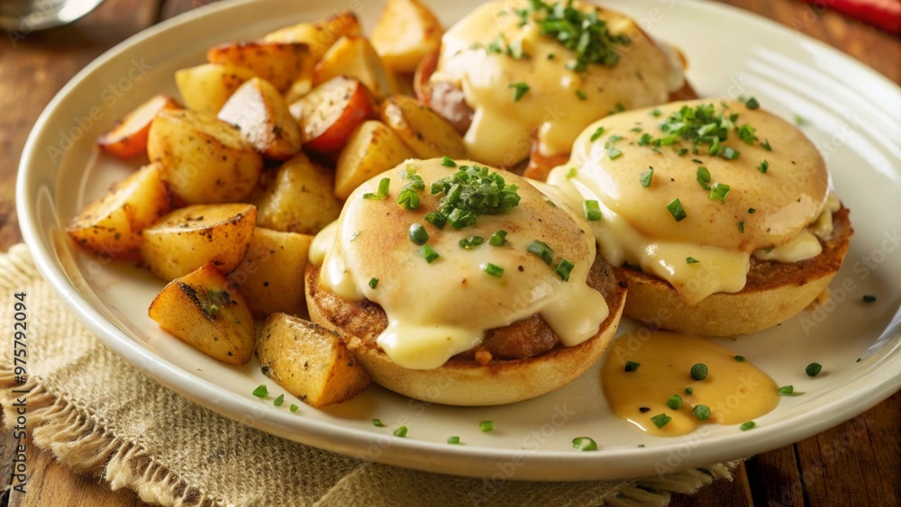 Eggs Benedict served with extra sauce and sliced potatoes on a white plate and garnished with paprika and chives.
Eggs Benedict served with extra sauce and sliced potatoes on a white plate and garnished with paprika and chives.