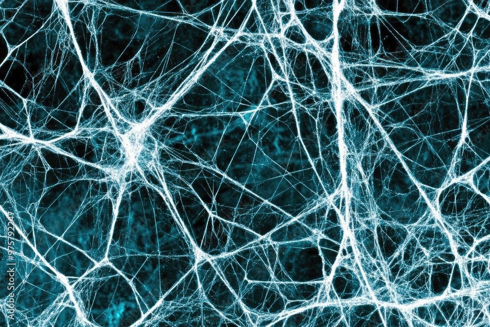 Intricate web of fine fibers illuminated by soft blue light, creating a mesmerizing abstract design that captures the beauty of natural formations in an ethereal setting. Halloween background Intricate web of fine fibers illuminated by soft blue light, creating a mesmerizing abstract design that captures the beauty of natural formations in an ethereal setting. Halloween background