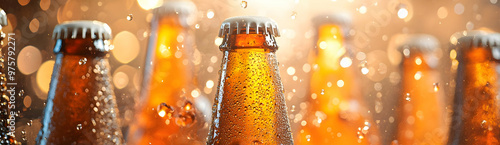 A collection of cold beer bottles with sparkling bubbles against a warm, blurred background, perfect for beverage promotions. photo