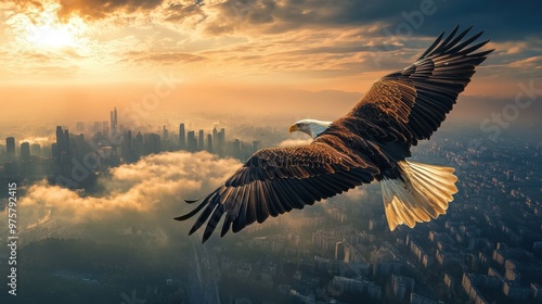 Wallpaper Mural Bald Eagle Soaring Above a Cityscape at Sunrise Torontodigital.ca