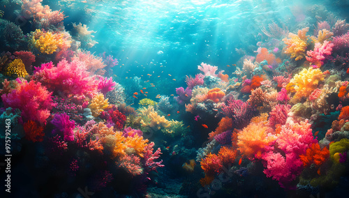 Vibrant underwater scene showcasing colorful corals illuminated by sunlight, creating a serene oceanic landscape.