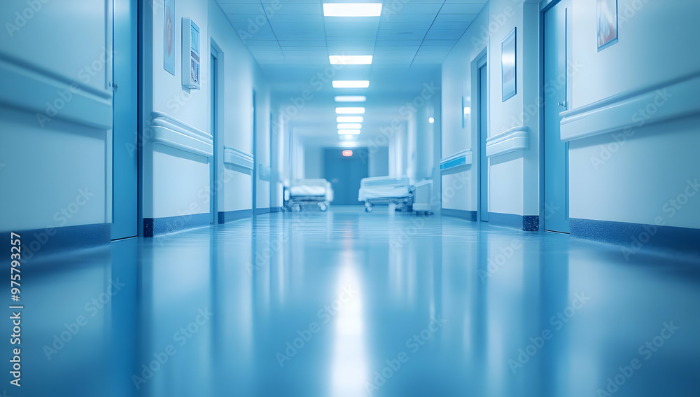 A serene hospital corridor with bright lighting and empty beds, conveying a sense of calm and hope in a healthcare environment. A serene hospital corridor with bright lighting and empty beds, conveying a sense of calm and hope in a healthcare environment.