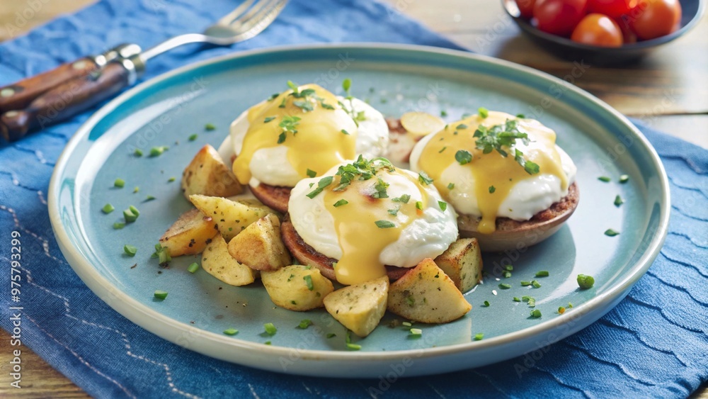 Eggs Benedict served with extra sauce and sliced potatoes on a white plate and garnished with paprika and chives.
