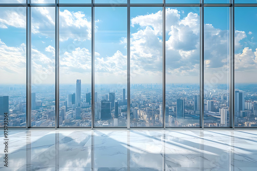 Stunning city skyline view from modern office with large glass windows under a bright blue sky with fluffy clouds.