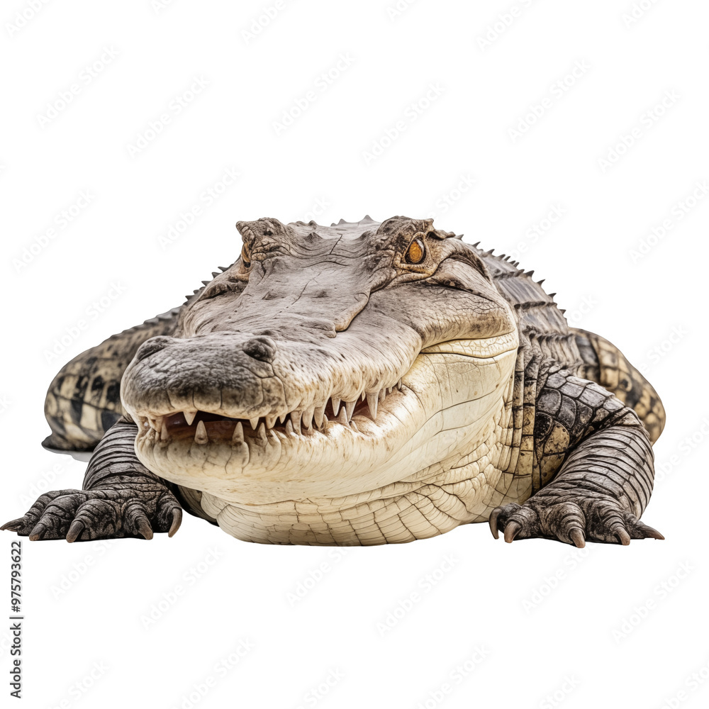 Fototapeta premium Large Alligator Lying On Transparent Background Showing Teeth And Scales