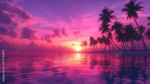 A stunning sunset over the tropical beach, with palm trees silhouetted against the vibrant colors of pink and purple in the sky