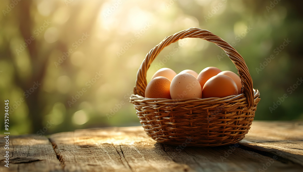 A beautiful basket filled with fresh eggs, resting on a rustic wooden table, with sunlight filtering through a soft green background. A beautiful basket filled with fresh eggs, resting on a rustic wooden table, with sunlight filtering through a soft green background.