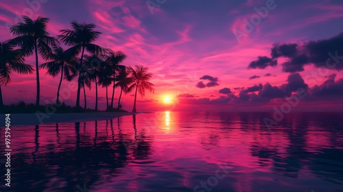 A stunning sunset over the tropical beach, with palm trees silhouetted against the vibrant colors of pink and purple in the sky