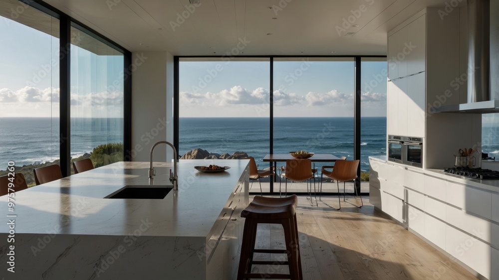 Fototapeta premium Minimalist Modern Kitchen in a Coastal Cliff House