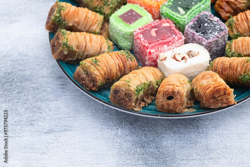 Turkish delight candy with arabic baklava . Rahat lokum photography