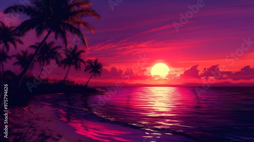 A stunning sunset over the tropical beach, with palm trees silhouetted against the vibrant colors of pink and purple in the sky