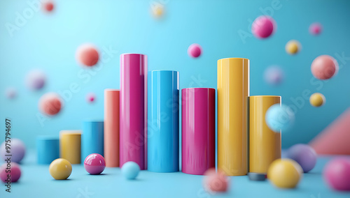 Colorful cylinders and spheres create a playful composition against a bright blue background, ideal for modern design and presentation. photo