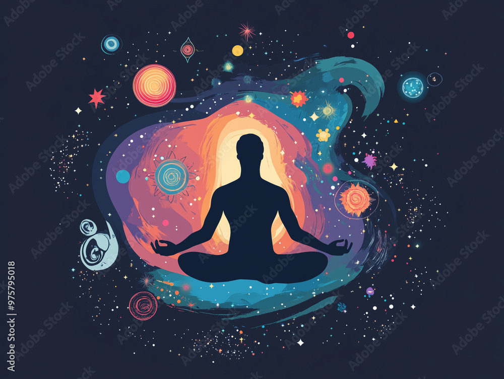 man in yoga pose sitting in the center surrounded with universe, cosmos, chakras, prana and spirituality elements, meditation concept
man in yoga pose sitting in the center surrounded with universe, cosmos, chakras, prana and spirituality elements, meditation concept