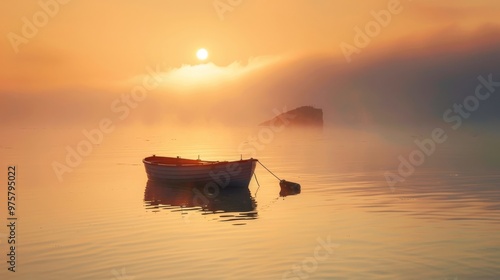 A tranquil boat rests on calm waters as the sun rises, illuminating the misty horizon in golden hues. Peaceful scenery to inspire calmness.