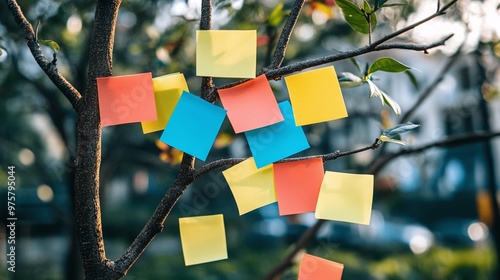 colorful sticky notes placed on tree branches showcasing a structured mind map for organizing and visualizing ideas in a creative workspace
