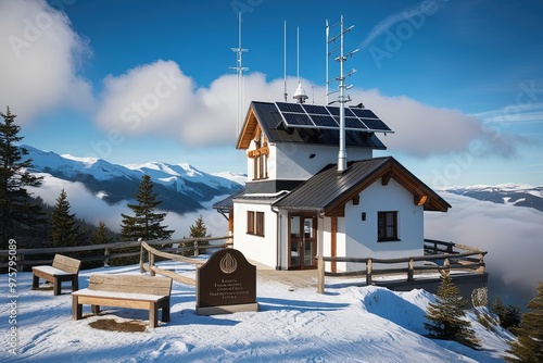 A serene high-mountain Meteorological Observatory situated atop Kasprowy Wierch in the majestic Tatra Mountains of Poland, surrounded by a blanket of snow-covered peaks and pine trees, with wispy fog 