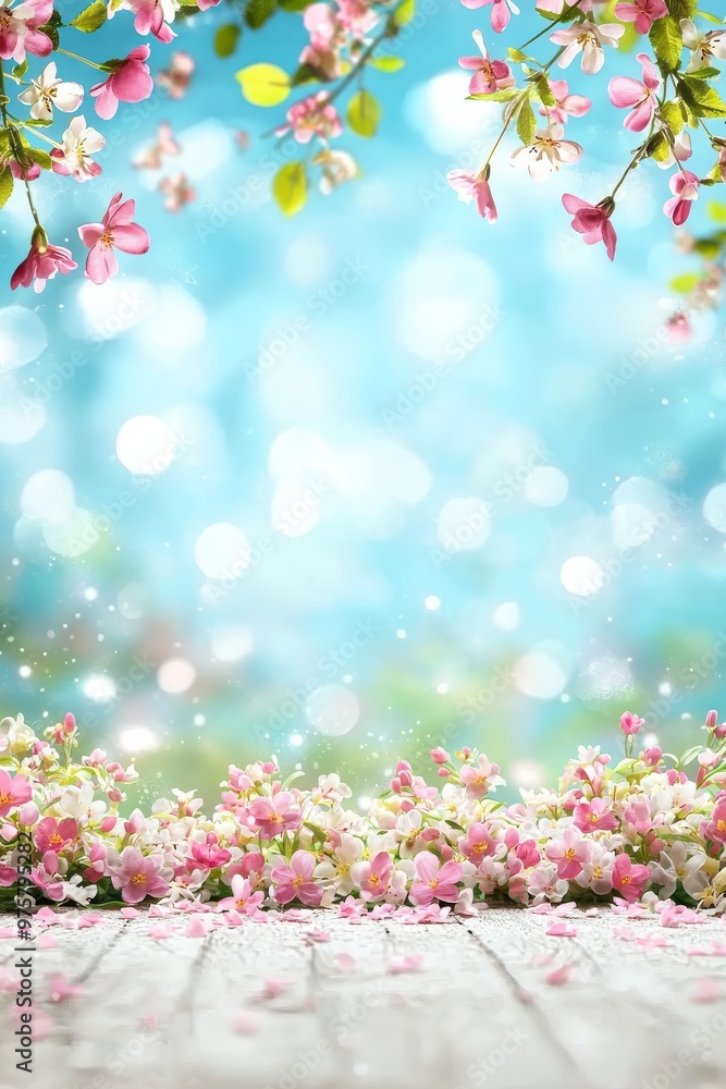 Fototapeta premium Blossoming spring flowers and branches with bright blue sky background