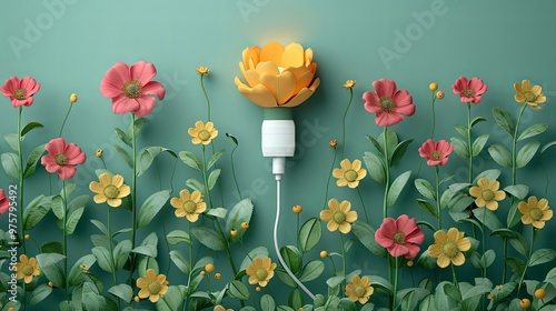 Green energy and clean technology concept illustration. Smartphone plugged into power output depicting as plant growing flourishing full of flower at spring