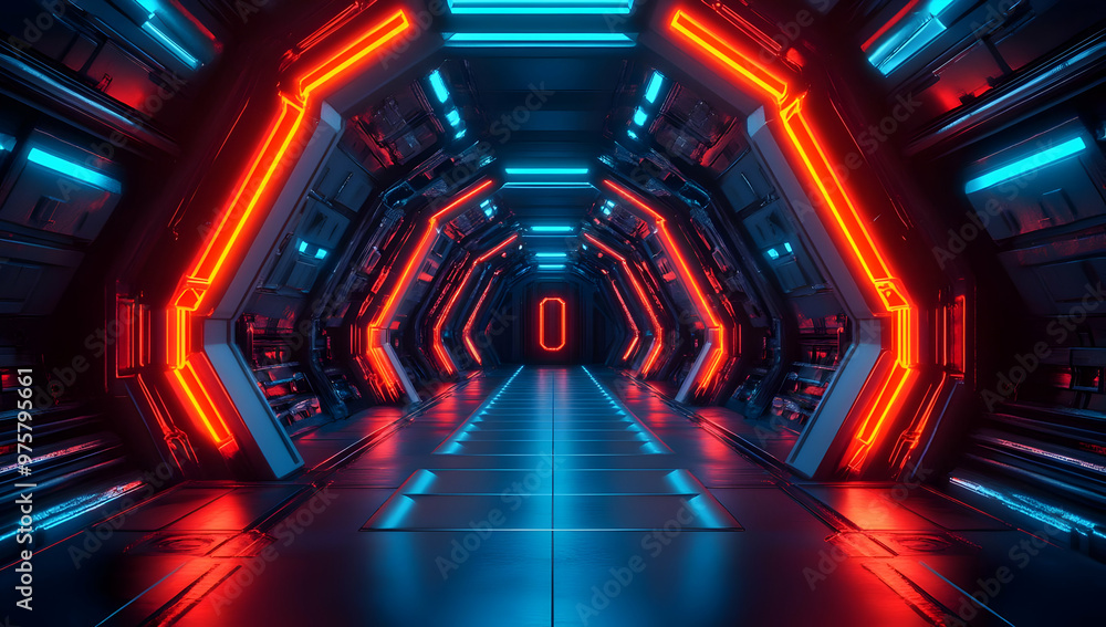 Futuristic corridor with vibrant neon lights in blue and red, creating a sci-fi ambiance perfect for creative projects. Futuristic corridor with vibrant neon lights in blue and red, creating a sci-fi ambiance perfect for creative projects.