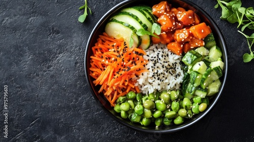 Top view of a fresh vegetable and rice salad, served on a dark background, perfect for balanced nutrition