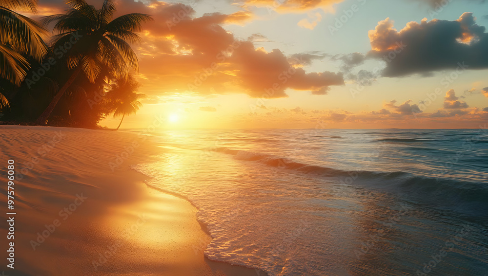 A serene beachfront at sunset, with gentle waves, palm trees, and a colorful sky creating a tranquil tropical scene. A serene beachfront at sunset, with gentle waves, palm trees, and a colorful sky creating a tranquil tropical scene.