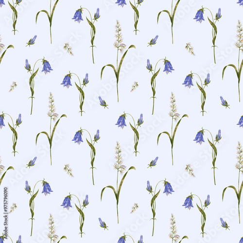 Bell flowers. Wild flowers, seamless pattern. Blue wild flowers. Design for textiles and paper. photo