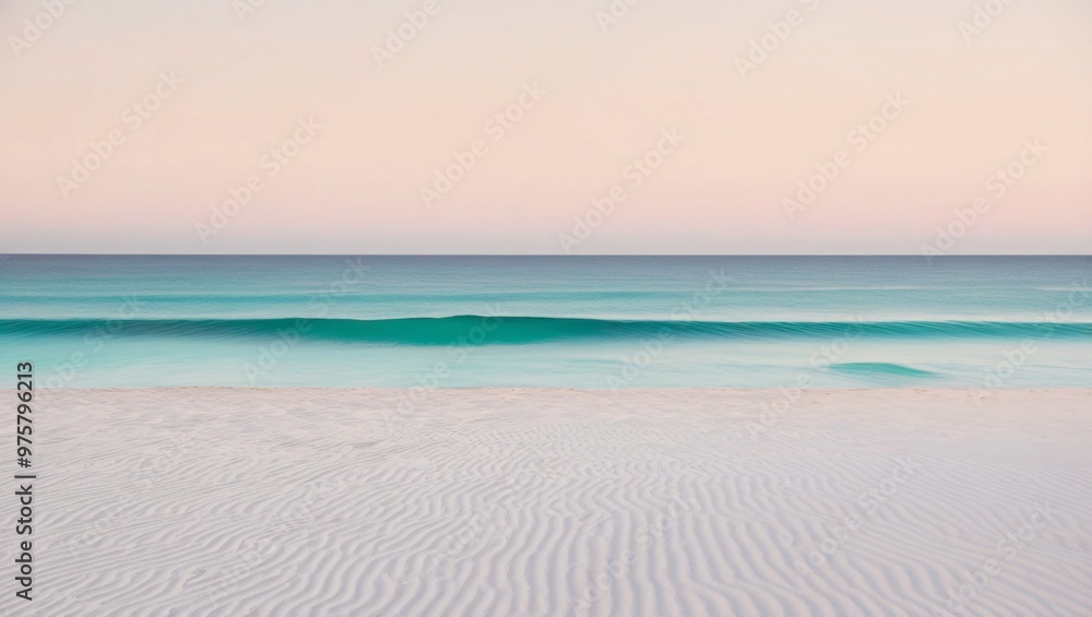 Serene beach at sunrise or sunset with fine rippled white sand, calm turquoise wave, gradient sky from pink to light blue, tranquil and untouched, generative ai Serene beach at sunrise or sunset with fine rippled white sand, calm turquoise wave, gradient sky from pink to light blue, tranquil and untouched, generative ai