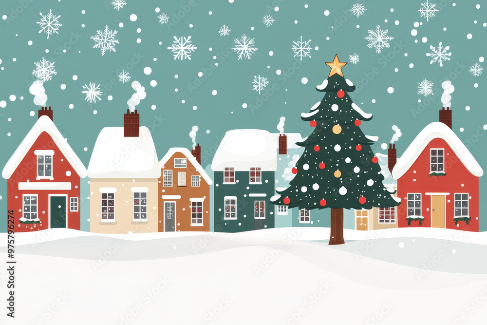 Cozy christmas village covered in snow with a decorated christmas tree in the center and snow falling Cozy christmas village covered in snow with a decorated christmas tree in the center and snow falling