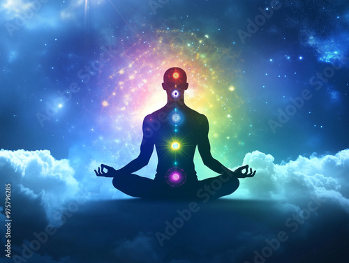 A man in yoga pose sitting in the center surrounded with universe, cosmos, chakras, prana and spirituality elements, meditation concept 