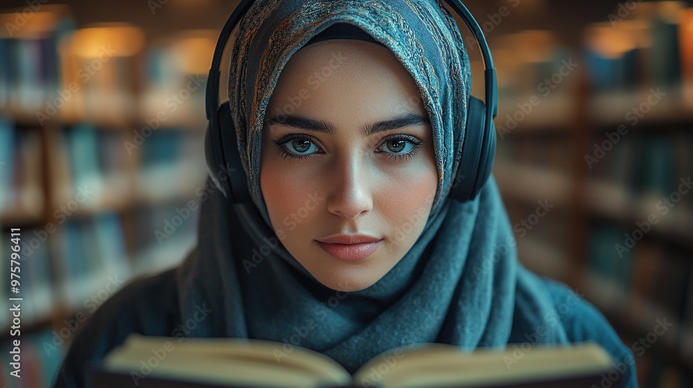 Young Woman Reading in Library