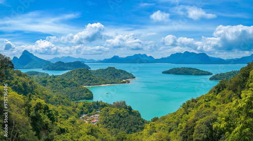 Langkawi Island is beautiful, the sea is beautiful, the sky is clear, the clouds are beautiful, and the trees are green.