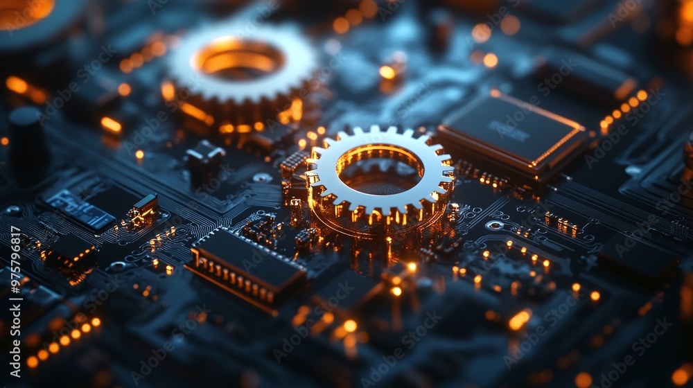 abstract digital background featuring glowing gears on a circuit board, emphasizing intricate patterns and vibrant illumination that showcase advanced technology and modern design abstract digital background featuring glowing gears on a circuit board, emphasizing intricate patterns and vibrant illumination that showcase advanced technology and modern design