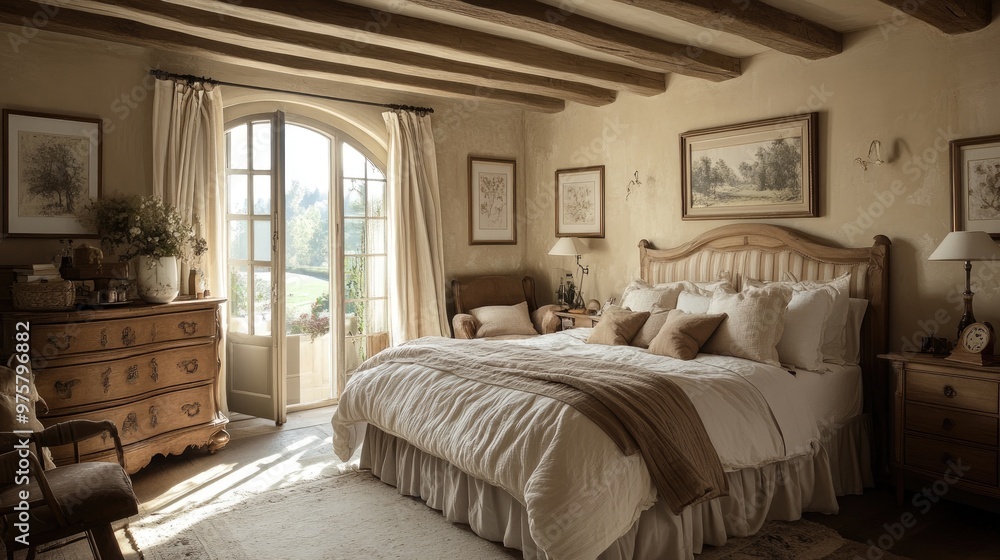 Beautiful French country-inspired bedroom with rustic furniture and elegant decor, creating a tranquil and cozy atmosphere. Beautiful French country-inspired bedroom with rustic furniture and elegant decor, creating a tranquil and cozy atmosphere.