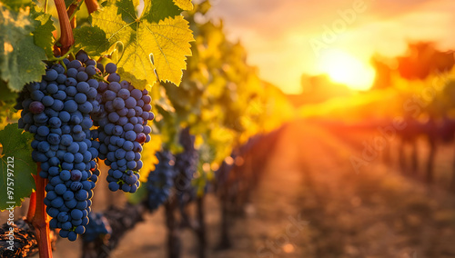 A beautiful vineyard at sunset showcasing ripe grapes. The warm tones create a serene and picturesque landscape scene.