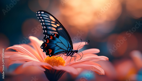 A vibrant butterfly perched on a delicate flower, showcasing the beauty of nature with vivid colors and serene lighting. photo