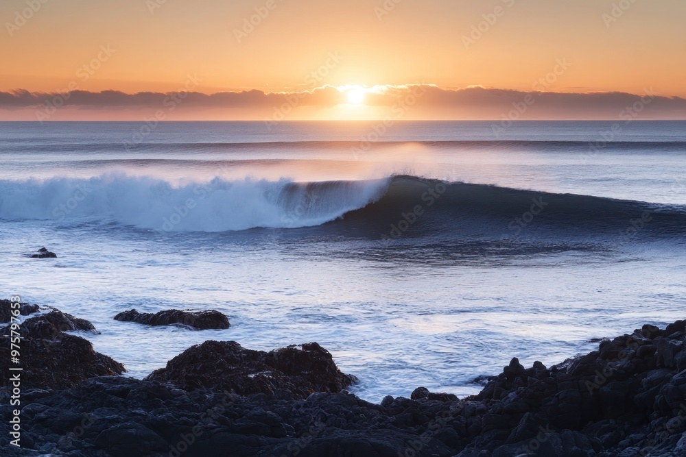 Sunrise over a tranquil ocean with soft waves gently crashing against a rugged rocky coastline. Sunrise over a tranquil ocean with soft waves gently crashing against a rugged rocky coastline.