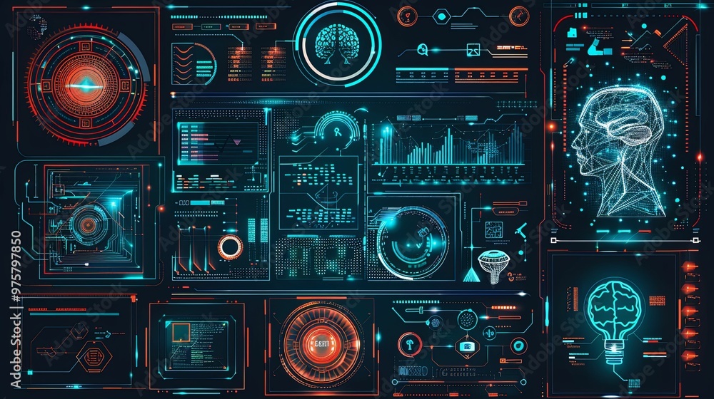Fototapeta premium Futuristic Interface with Digital Brain and Data Visualization
