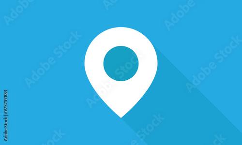 Location marker icon with long shadow. White location tag isolated on blue background. Vector illustration