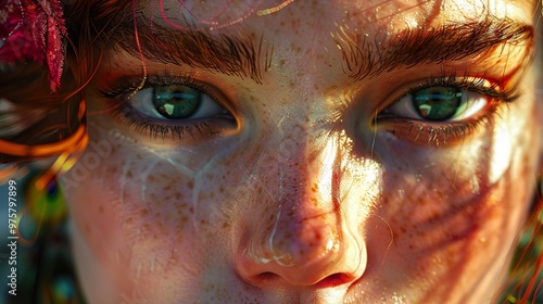 Closeup Portrait of a Woman with Green Eyes and Freckles