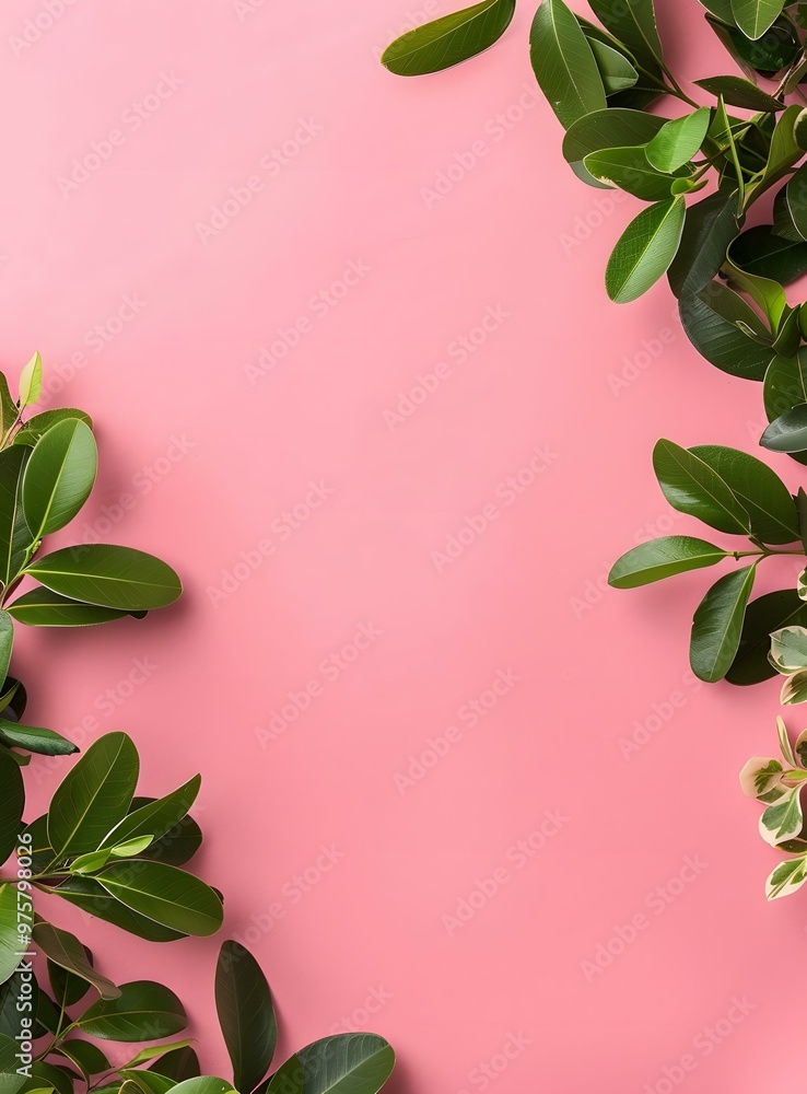 Fototapeta premium Green Leaves Frame On Pink Background