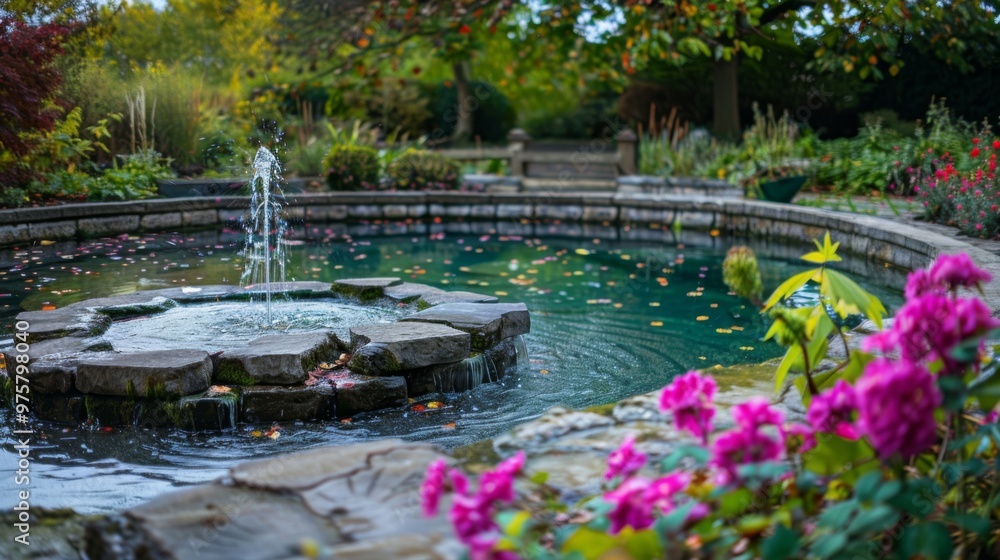 Fototapeta premium Beautiful Garden Pond with Fountain and Flowers in Full Bloom