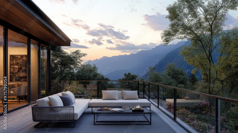 An elevated deck with glass railings and contemporary outdoor seating, surrounded by nature and a scenic mountain view An elevated deck with glass railings and contemporary outdoor seating, surrounded by nature and a scenic mountain view