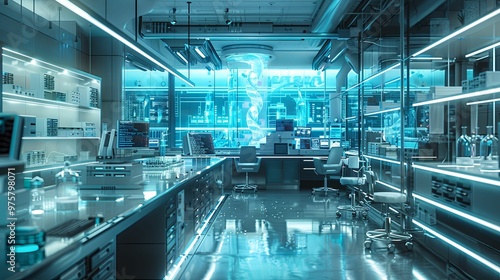 Futuristic Laboratory with Advanced Technology and Blue Lighting photo