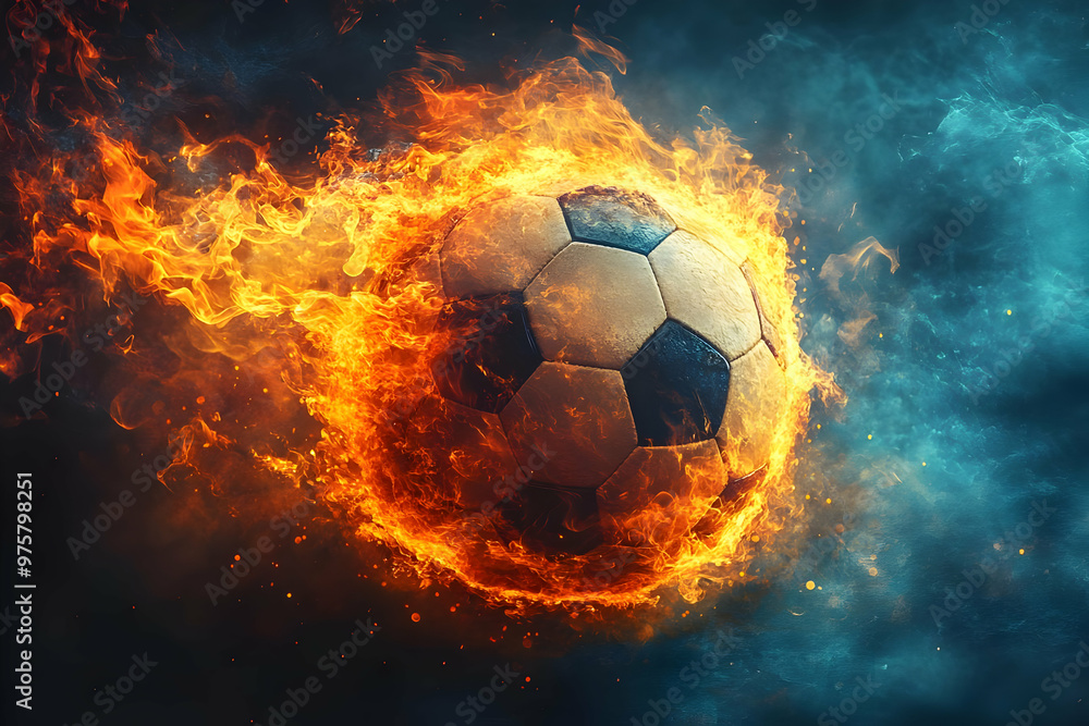Naklejka premium A dynamic soccer ball engulfed in flames, representing speed, energy, and the passion of the game in a stunning visual display.