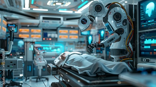 Futuristic Medical Robot Examining Patient in Hospital Room