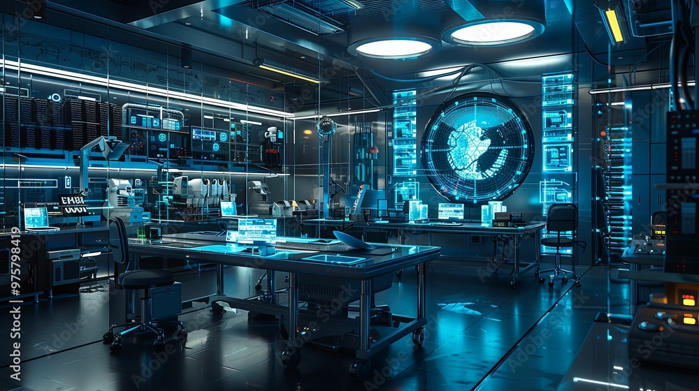 Futuristic Laboratory with High-Tech Equipment and Digital Display Futuristic Laboratory with High-Tech Equipment and Digital Display