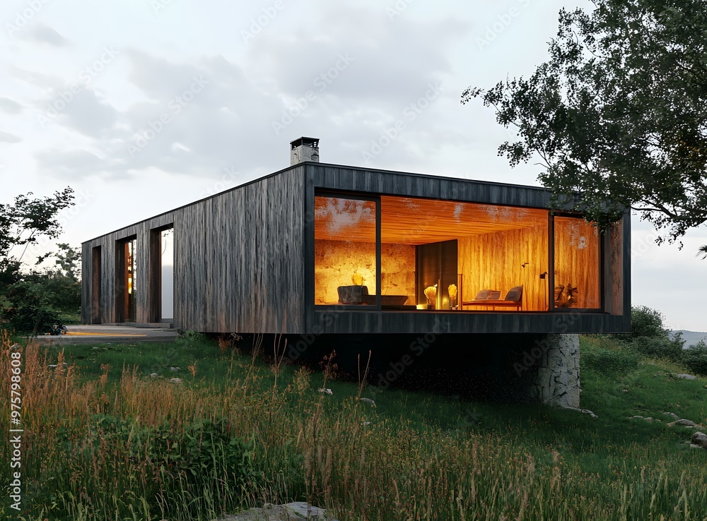 Modern Wooden House with Large Windows and a View of Nature Modern Wooden House with Large Windows and a View of Nature